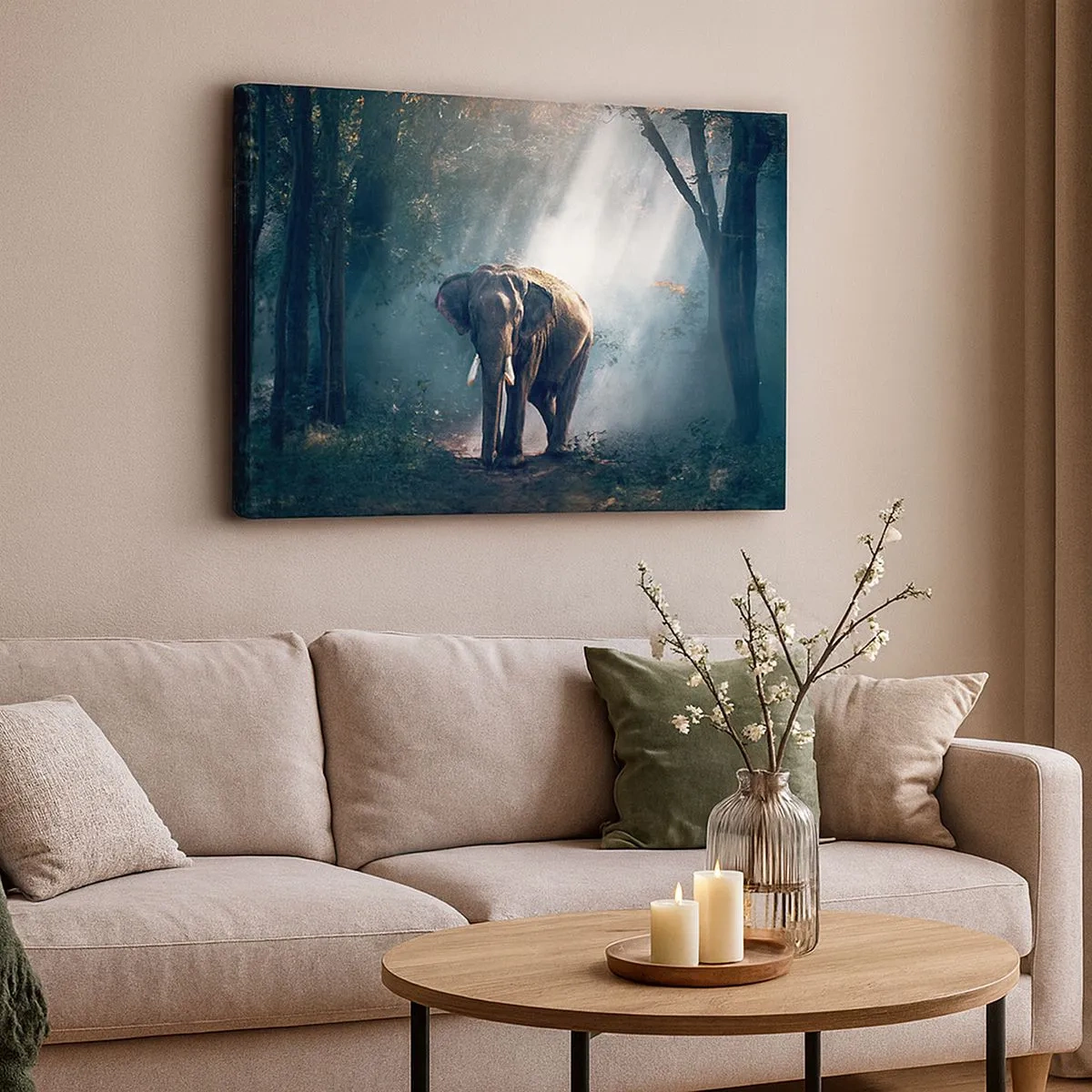Canvas picture - Elephant in the forest light - 70x50cm - Quiet Stroll - Modern wall decoration for the living room and bedroom ARTTOR