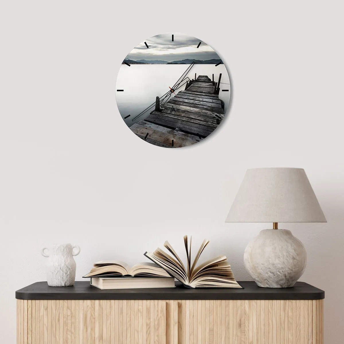 Wall clock - Clock on glass - A wooden jetty on calm water with a mountain backdrop - 30x30cm - Submerging in Tranquility - Modern wall decoration for the living room, kitchen, and bedroom ARTTOR
