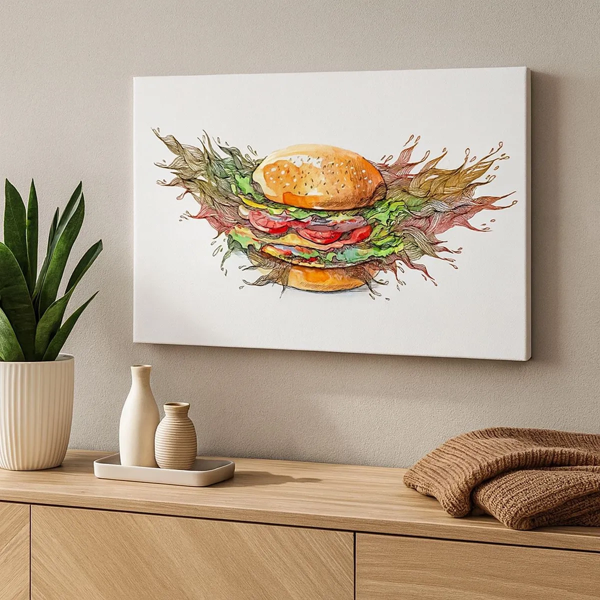 Canvas picture - Artistic illustration of a burger with dynamic elements - 70x50cm - Hot Temptation - Modern wall decoration for the living room and bedroom ARTTOR