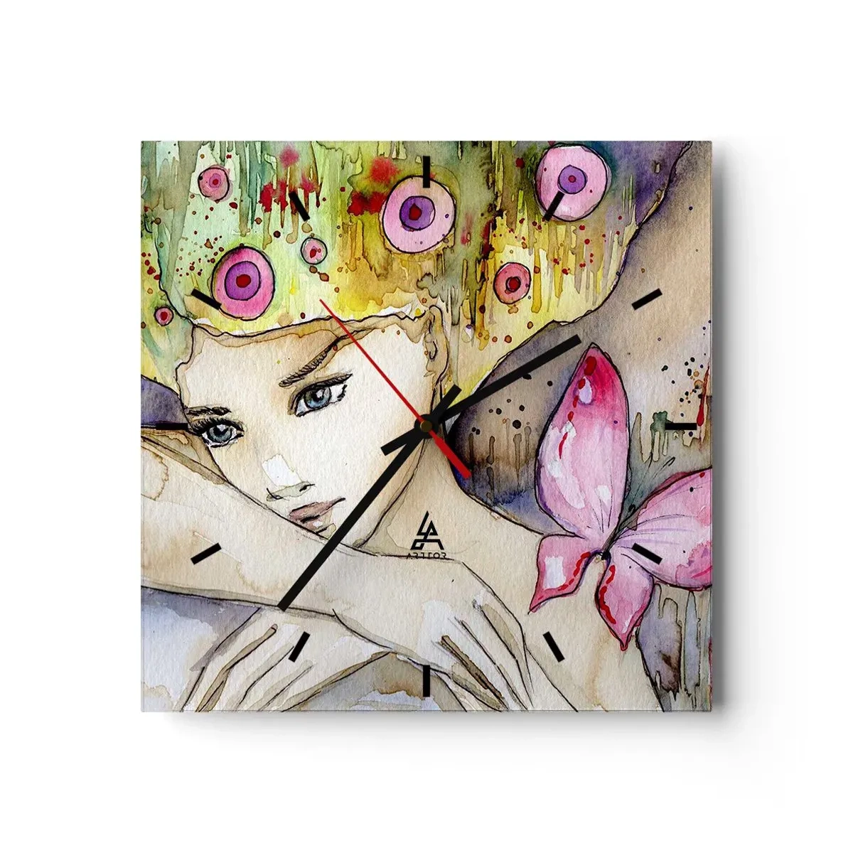 Wall clock - Clock on glass - Butterfly Princess - 30x30 cm