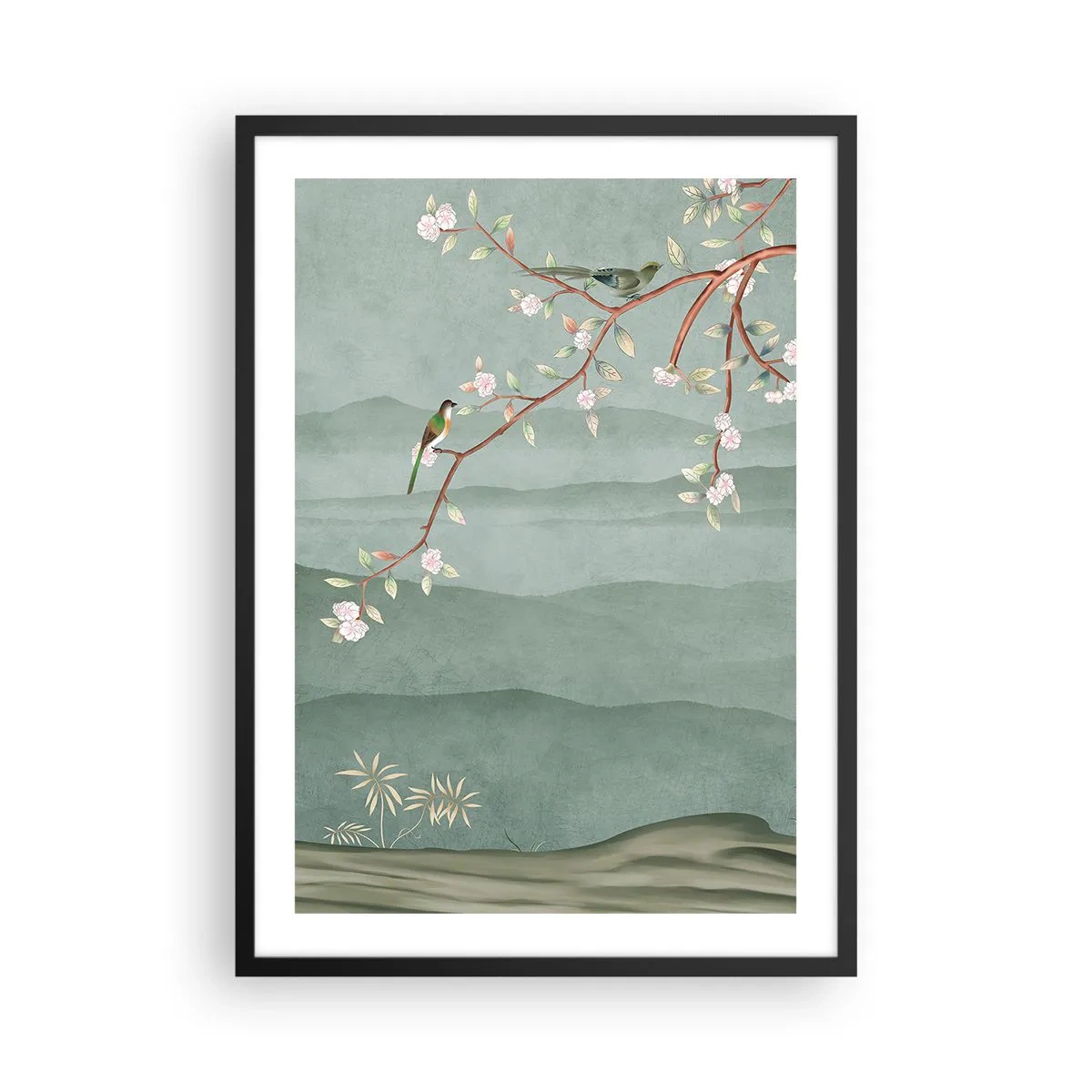 Poster in black frame - Birds on a flowering branch overlooking the hills - 50x70cm - Spring, It Is You - Modern wall decoration for the living room and bedroom ARTTOR