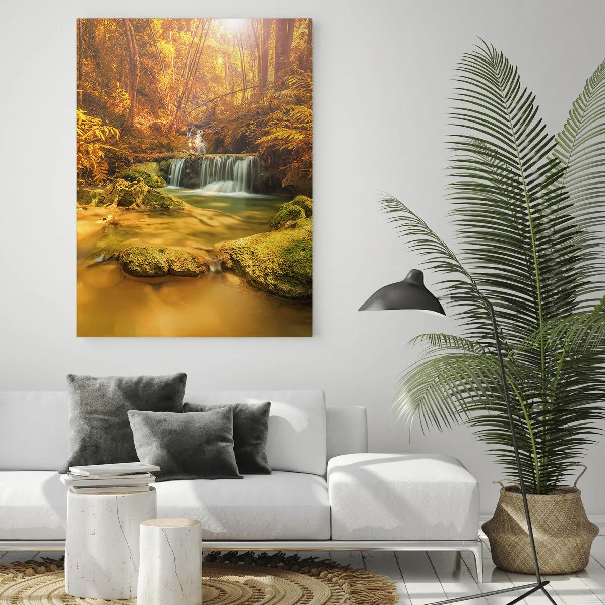 Glass picture - Forest Cascade in Gold - 80x120 cm
