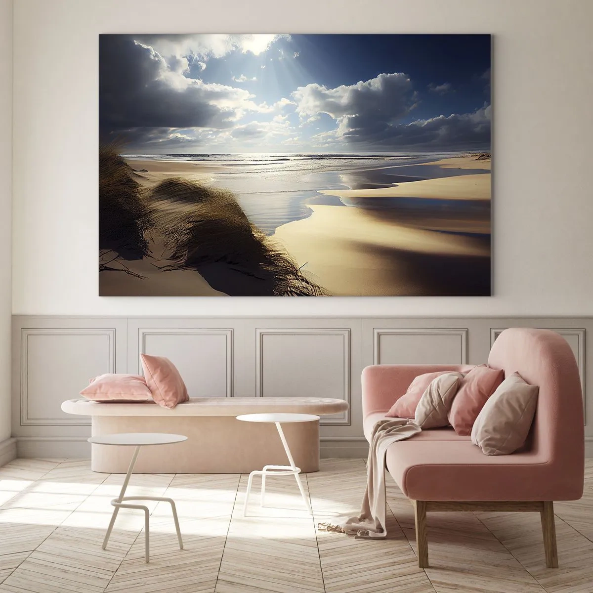 Glass picture - A wild beach illuminated by the sun's rays from beneath the clouds - 70x50cm - Beach, Wild Beach - Modern wall decoration for the living room and bedroom ARTTOR