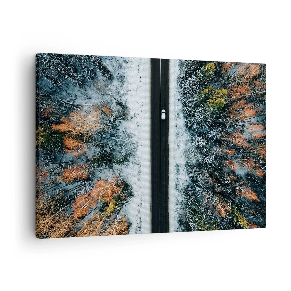 Canvas picture - A road through a winter forest seen from a bird's eye view - 70x50cm - Through a Wintery Forest - Modern wall decoration for the living room and bedroom ARTTOR