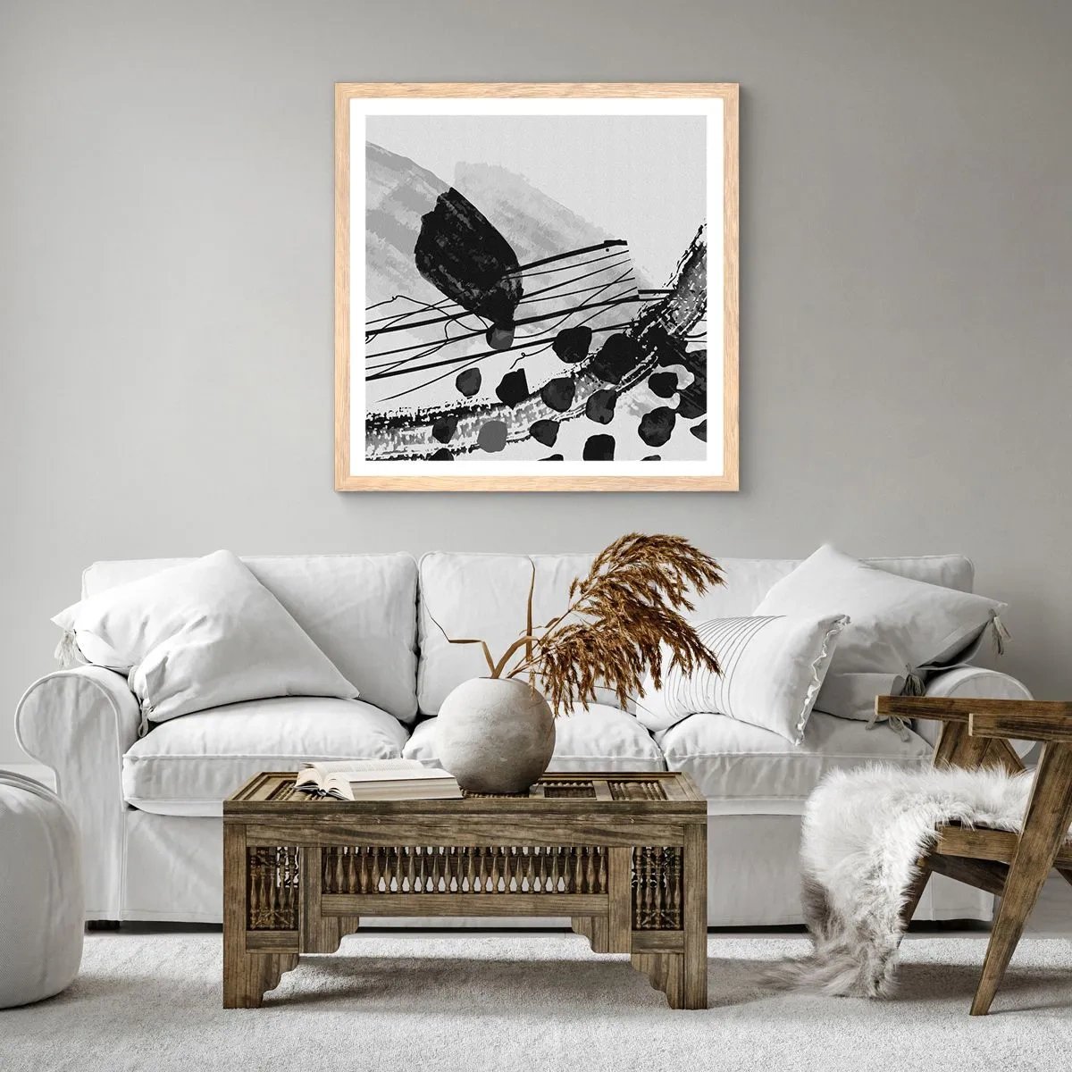 Poster in light oak frame - Black and White Organic Abstraction - 40x40 cm