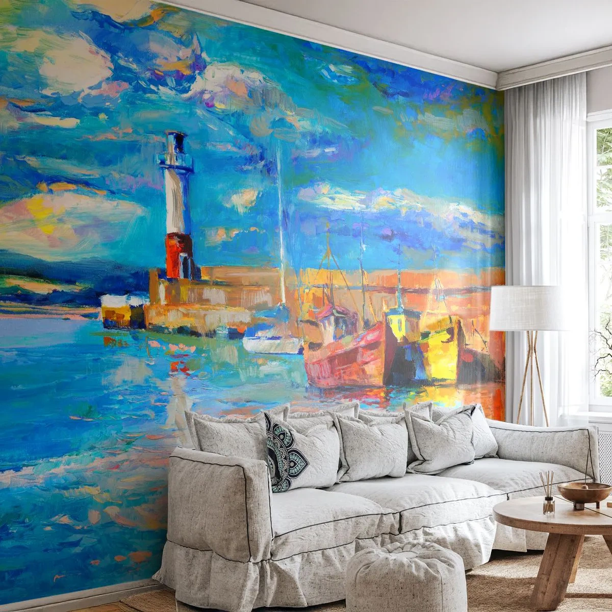 Photo Wallpaper Standard Eco - Afternoon in a Rainbow Bay - Fisherman's Port, Fishing boat, Lighthouse - 400x280 cm