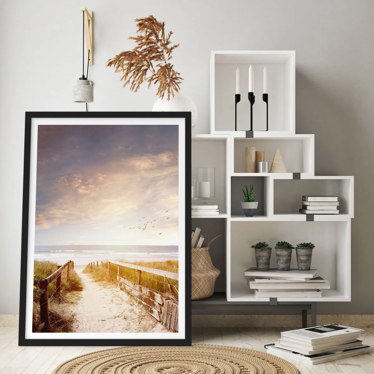 Poster in black frame - Path to the beach at sunset with birds flying by - 50x70cm - Space of Tranquility - Modern wall decoration for the living room and bedroom ARTTOR