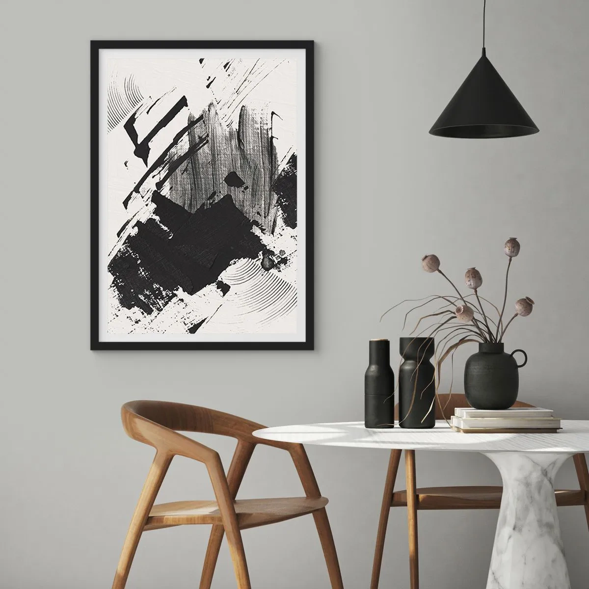 Poster in black frame - Abstract black and white brush strokes - 50x70cm - Abstract - Expression of Black - Modern wall decoration for the living room and bedroom ARTTOR