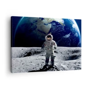 Canvas picture - Astronaut on the surface of the Moon with Earth in the background - 70x50cm - Greetings from the Moon - Modern wall decoration for the living room and bedroom ARTTOR