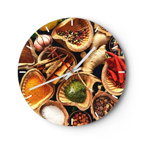 Wall clock - Clock on glass - A composition of spices in wooden bowls - 30x30cm - Take What You Want - Modern wall decoration for the living room, kitchen, and bedroom ARTTOR