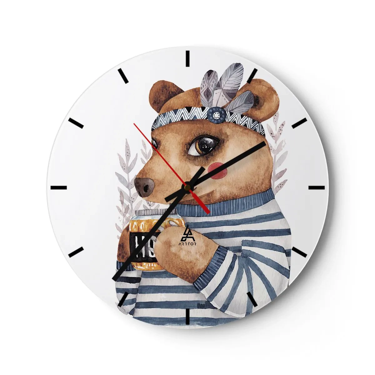 Wall clock - Clock on glass - A teddy bear in a striped T-shirt with a cup of tea - 30x30cm - Sweet Lady Bear - Modern wall decoration for the living room, kitchen, and bedroom ARTTOR