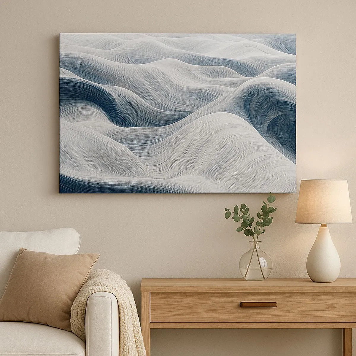 Canvas picture - Wavy lines in shades of blue and white - 70x50cm - White and Blue Waves - Modern wall decoration for the living room and bedroom ARTTOR