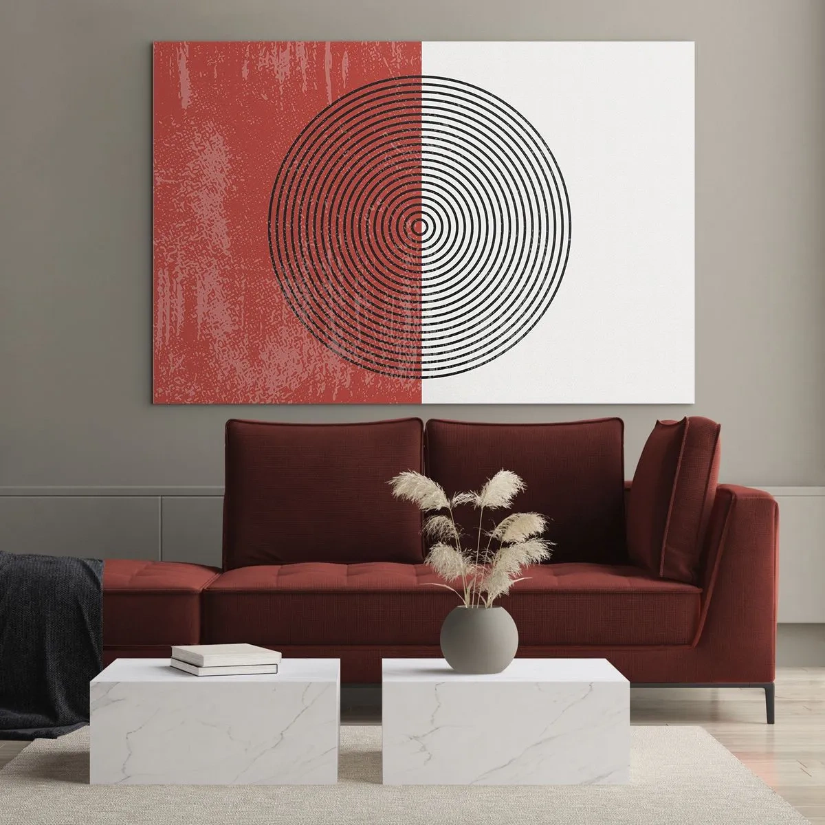 Glass picture - Geometric pattern with a circle on a red and white background - 70x50cm - To the Core - Modern wall decoration for the living room and bedroom ARTTOR