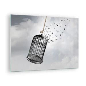 Glass picture - The opening of the cage and birds flying out of it against the sky - 70x50cm - Faith…Hope…Freedom! - Modern wall decoration for the living room and bedroom ARTTOR