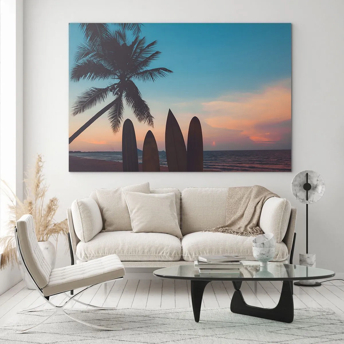 Glass picture - Palm tree and surfboards on the beach at sunset - 70x50cm - Tomorrow Will Be Fun Too - Modern wall decoration for the living room and bedroom ARTTOR