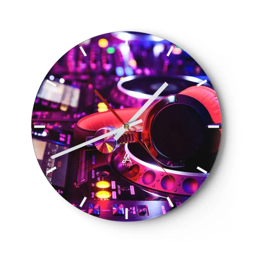 Wall clock - Clock on glass - DJ headphones on a console with neon lighting - 30x30cm - Before Party Starts - Modern wall decoration for the living room, kitchen, and bedroom ARTTOR