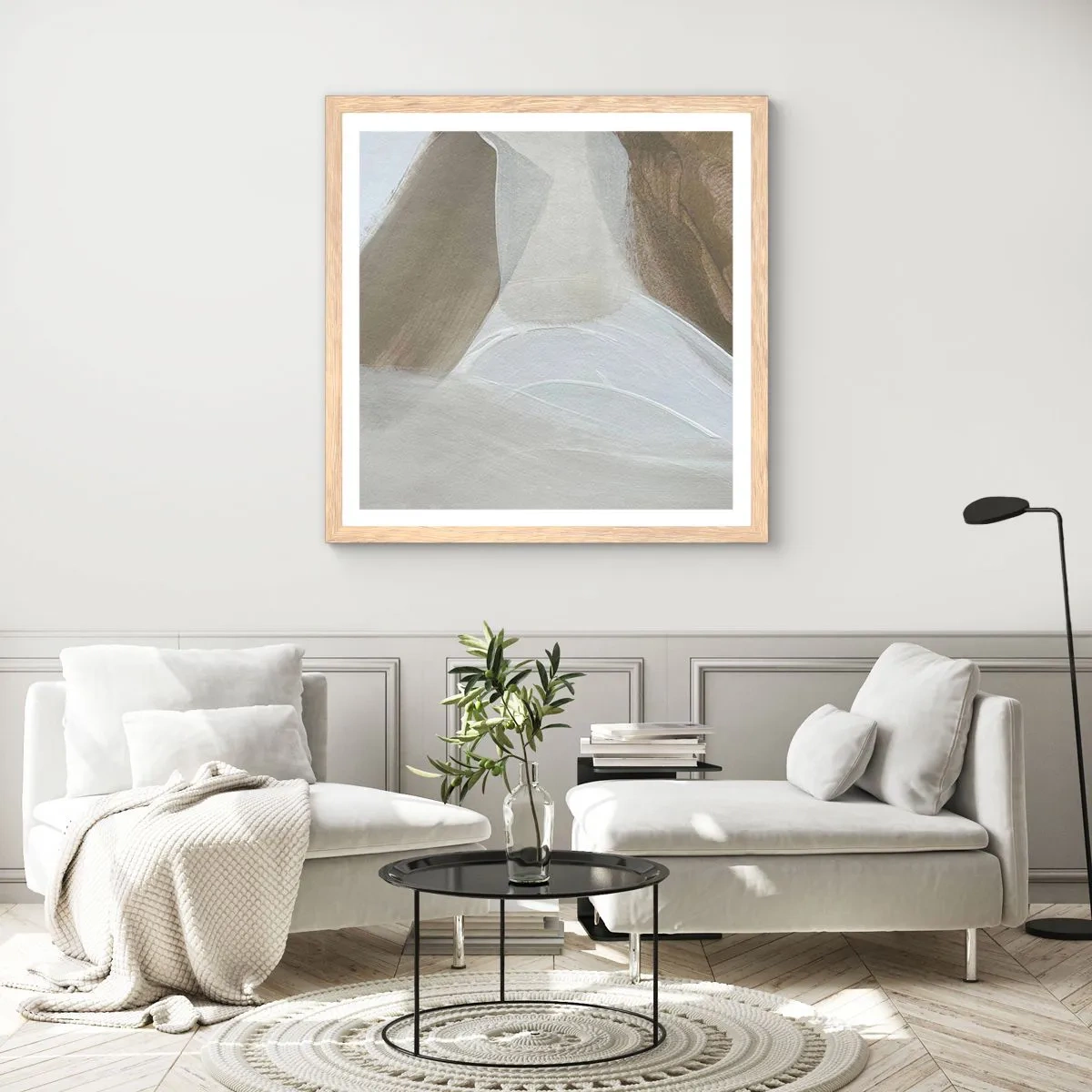 Poster in light oak frame - Waves of White - 30x30 cm