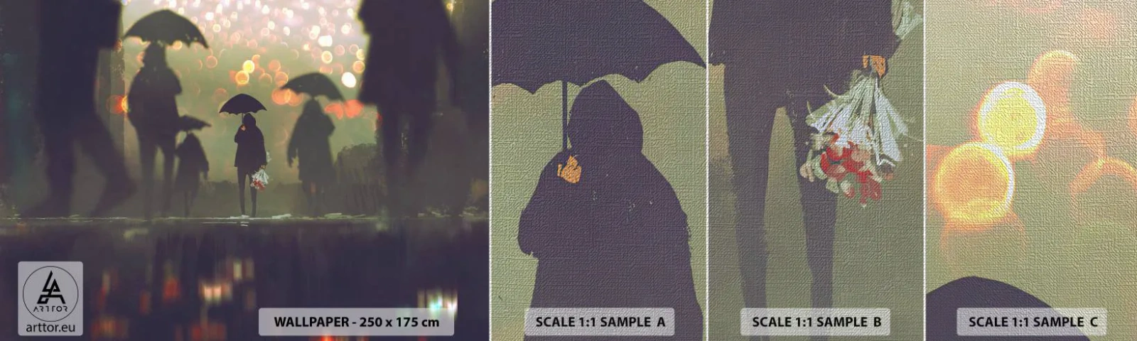 Photo Wallpaper Sample Premium Canvas - From Perspective of a Raindrop - Walk in the rain, People, Graphics - 100x30 cm