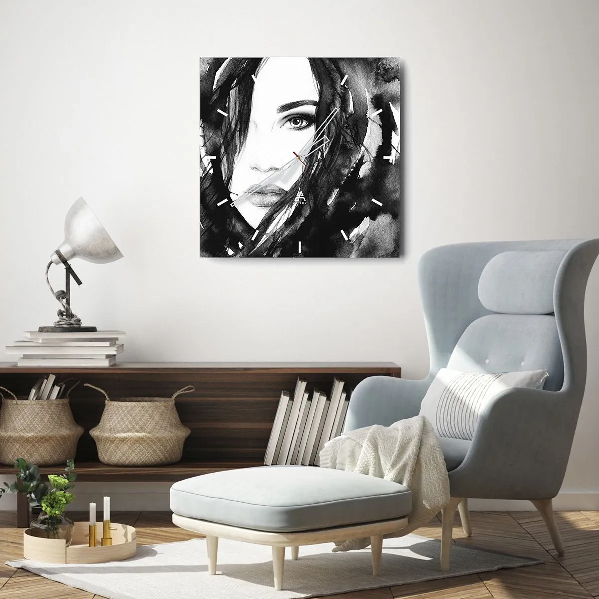 Wall clock - Clock on glass - Portriat of a Lady in Black and White - 30x30 cm