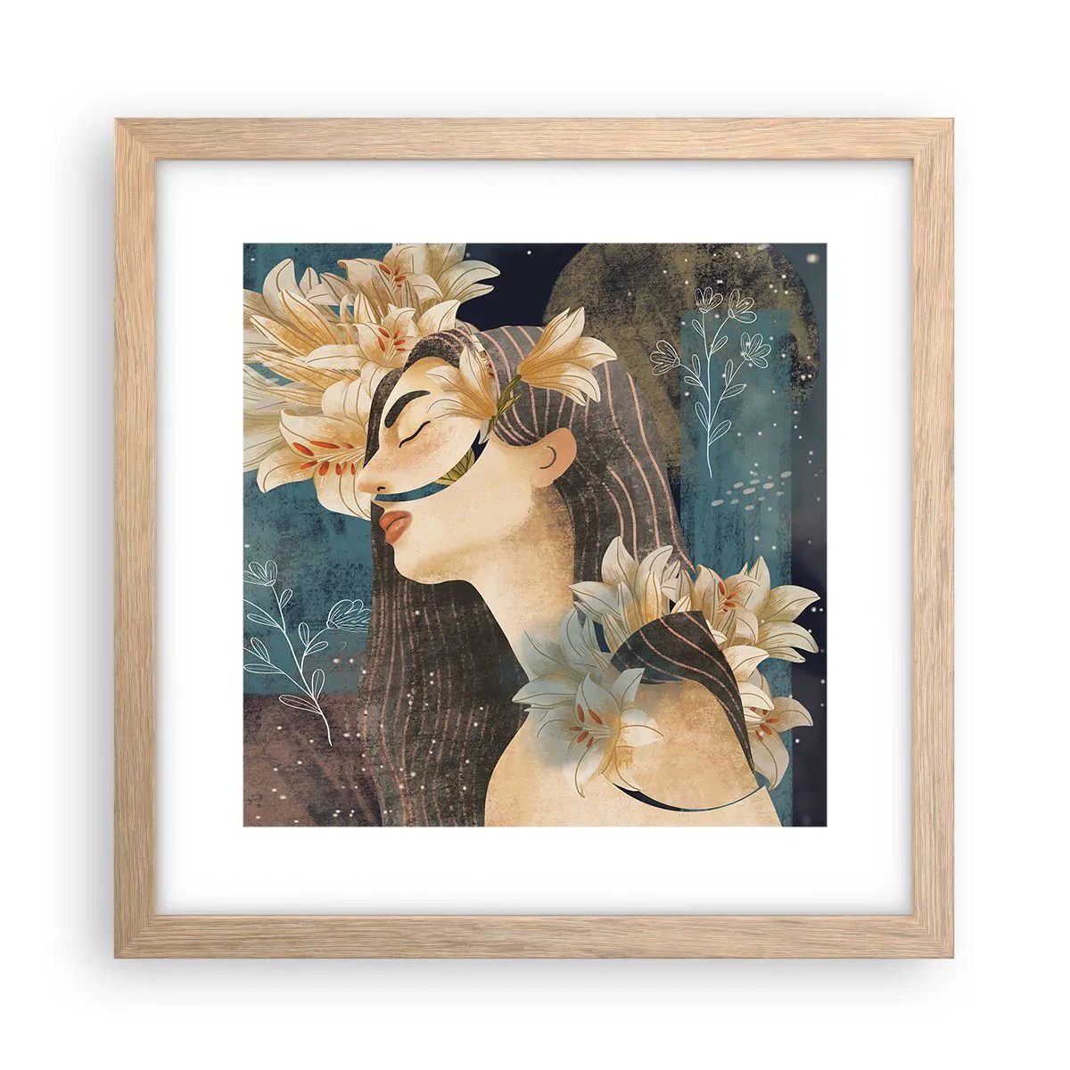 Poster in light oak frame - Tale of a Queen with Lillies - 30x30 cm