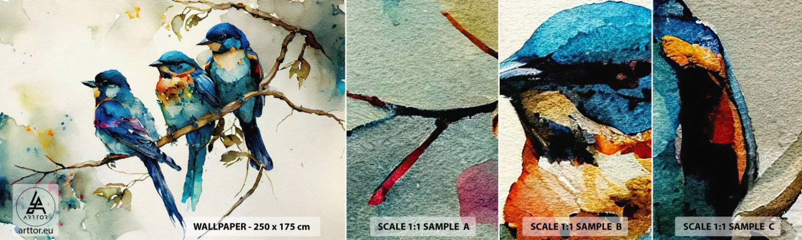 Photo Wallpaper Sample Self-Adhesive Deluxe Sticker - Is It Offended? - Birds, Nature, Watercolor - 100x30 cm