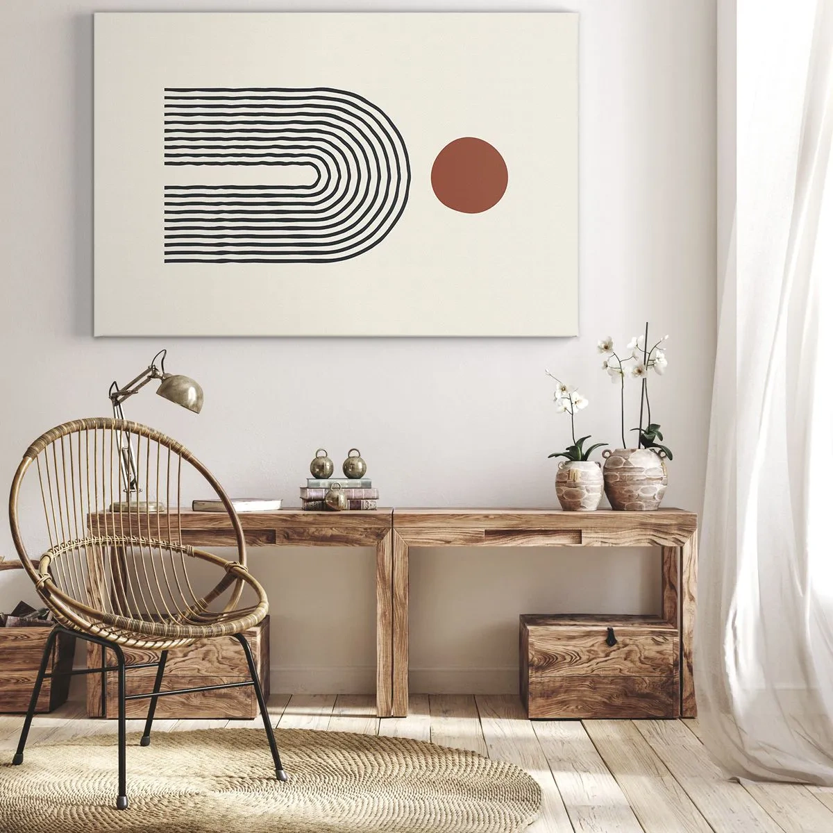 Canvas picture - Modern abstract pattern with lines and a red circle - 70x50cm - Magnetism of Shapes and Colours - Modern wall decoration for the living room and bedroom ARTTOR