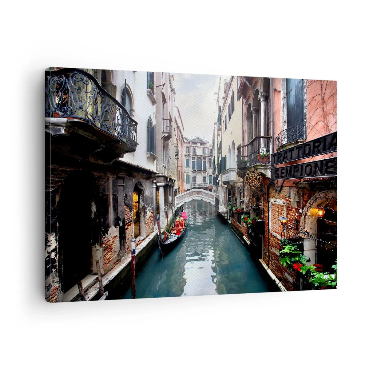 Canvas picture - canal in Venice with a gondola and historic buildings - 70x50cm - Venetian View with a Gondola and a Bridge - Modern wall decoration for the living room and bedroom ARTTOR