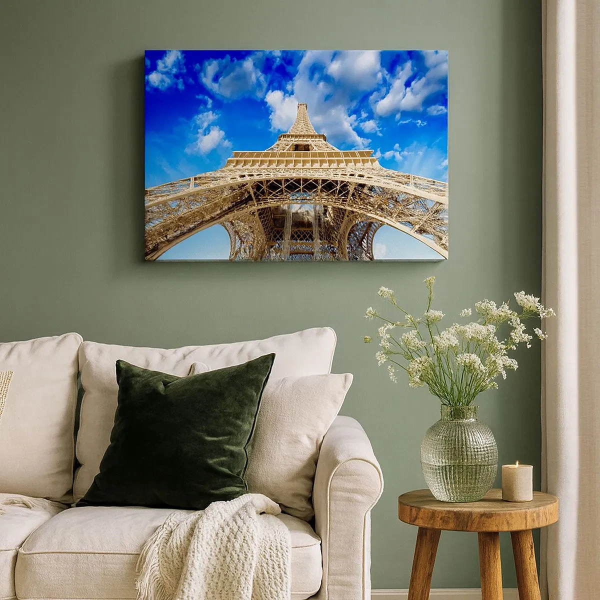 Canvas picture - The Eiffel Tower from below against a blue sky - 70x50cm - Reaching Sky and Clouds - Modern wall decoration for the living room and bedroom ARTTOR