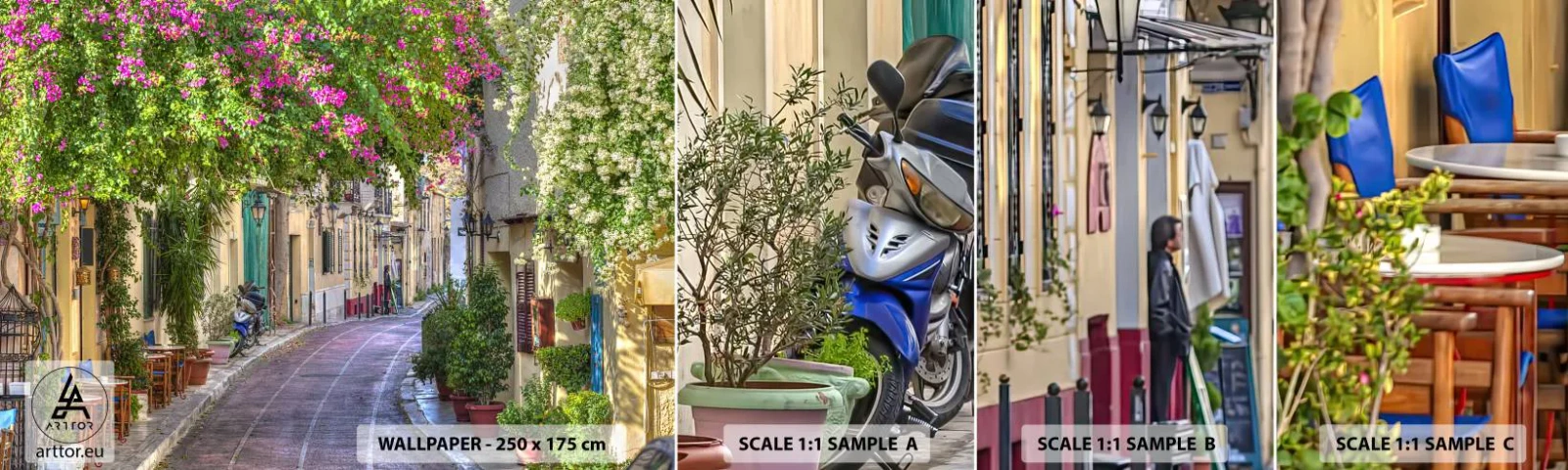 Photo Wallpaper Sample Standard Eco - Blooming Alley - Architecture, Greece, City - 100x30 cm