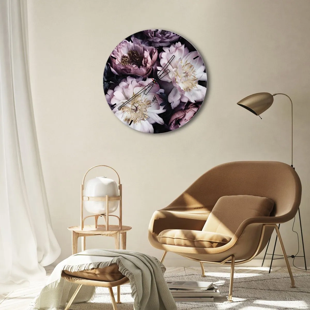 Wall clock - Clock on glass - Pink and cream peonies in a dense, shaded arrangement - 30x30cm - Old Style Bouquet - Modern wall decoration for the living room, kitchen, and bedroom ARTTOR