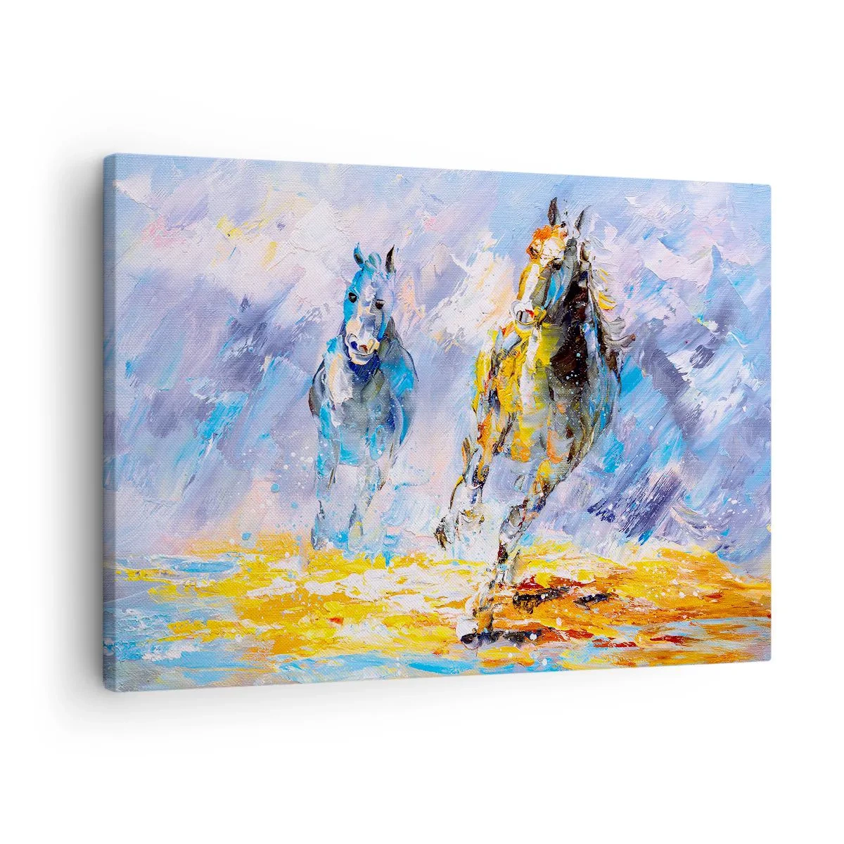 Canvas picture - Two horses in motion against the backdrop of an abstract landscape - 70x50cm - Galloping through Light - Modern wall decoration for the living room and bedroom ARTTOR