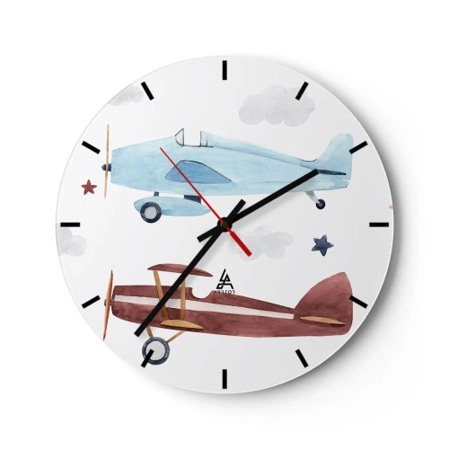 Wall clock - Clock on glass - Illustration of two retro-style airplanes against a cloudy background - 30x30cm - Mr Pilot We Are Waiting! - Modern wall decoration for the living room, kitchen, and bedroom ARTTOR