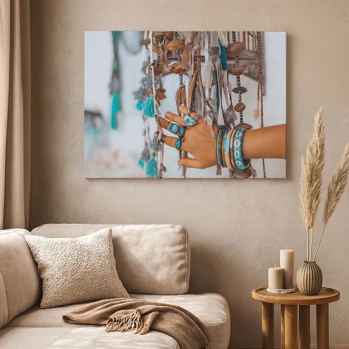 Canvas picture - A hand adorned with boho jewelry with decorations in the background - 70x50cm - Local Treasures - Modern wall decoration for the living room and bedroom ARTTOR