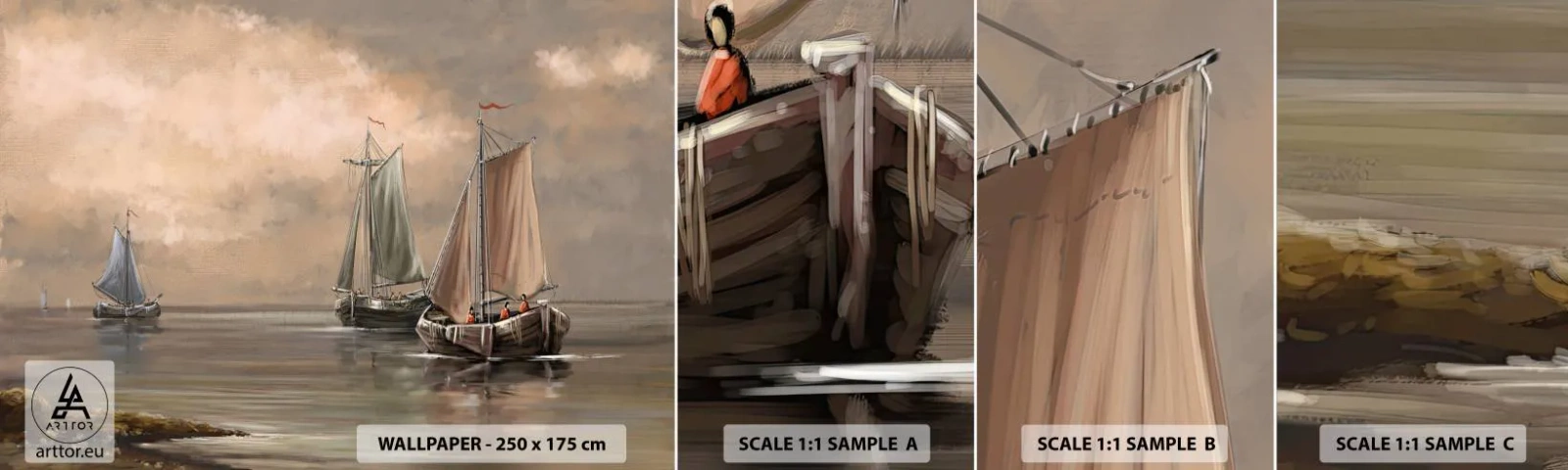 Photo Wallpaper Sample Self-Adhesive Deluxe Sticker - Return of Sailors - Landscape, Fishing boat, Nature - 100x30 cm