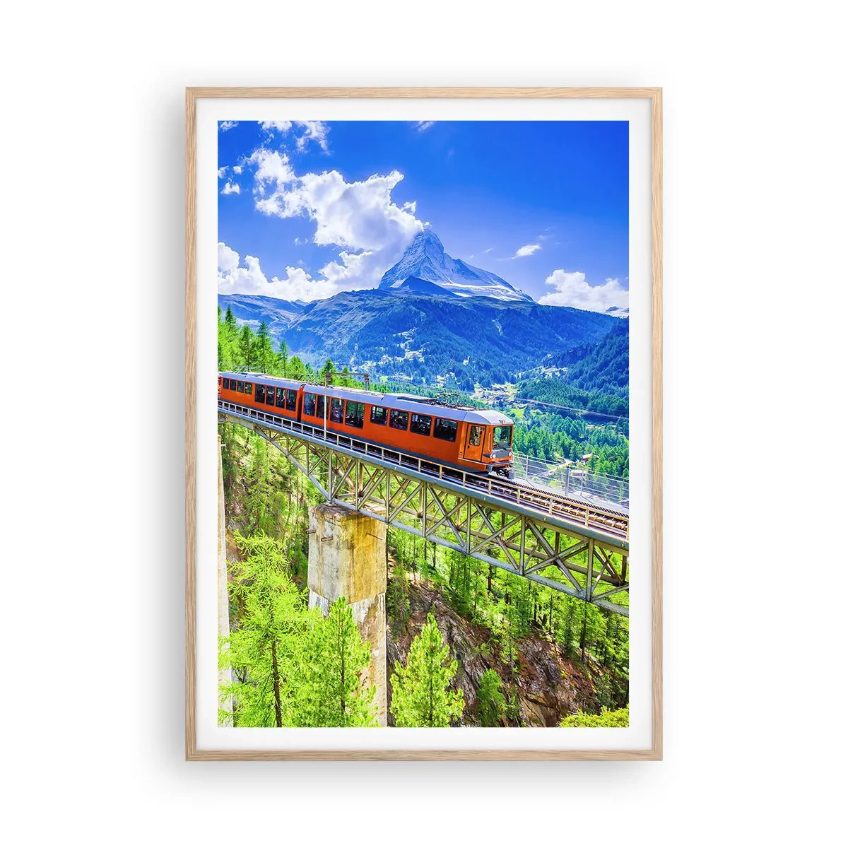 Poster in light oak frame - Train Through the Alps - 70x100 cm
