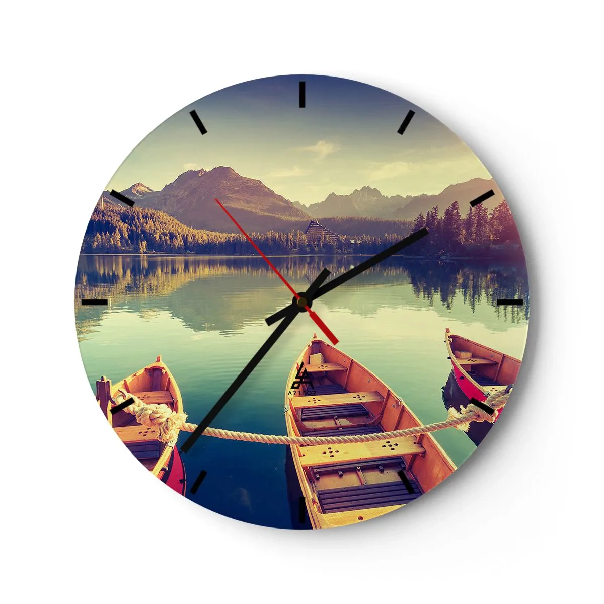Wall clock - Clock on glass - Wooden boats moored on a calm lake in the mountains - 30x30cm - Following Her Rules - Modern wall decoration for the living room, kitchen, and bedroom ARTTOR