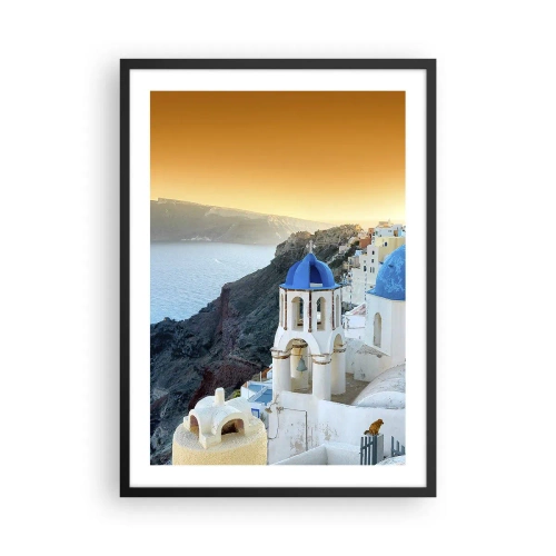 Poster in black frame - Santorini with its white houses and blue domes - 50x70cm - Santorini - Snuggling up to the Rocks - Modern wall decoration for the living room and bedroom ARTTOR
