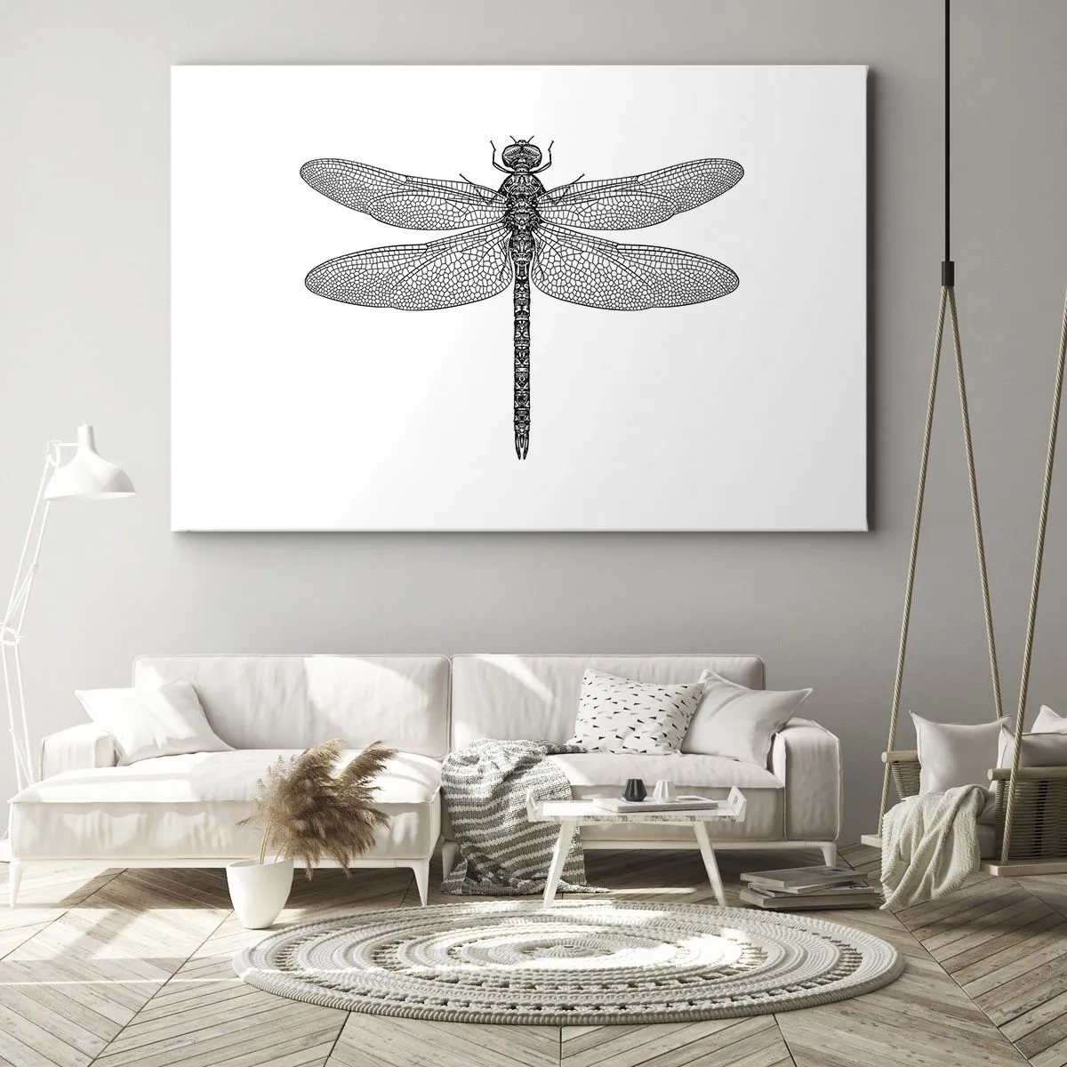 Canvas picture - Black and white drawing of a dragonfly on a white background in a minimalist style - 70x50cm - Precision of Nature - Modern wall decoration for the living room and bedroom ARTTOR