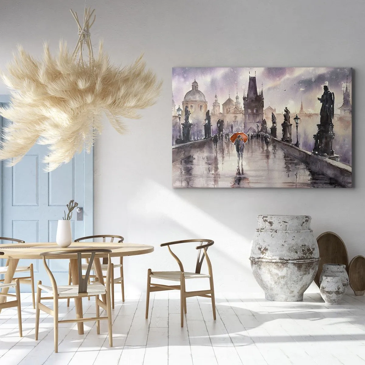 Canvas picture - Romantic view of a bridge with an umbrella against the backdrop of an evening city - 70x50cm - Peaople Don't Change - Modern wall decoration for the living room and bedroom ARTTOR