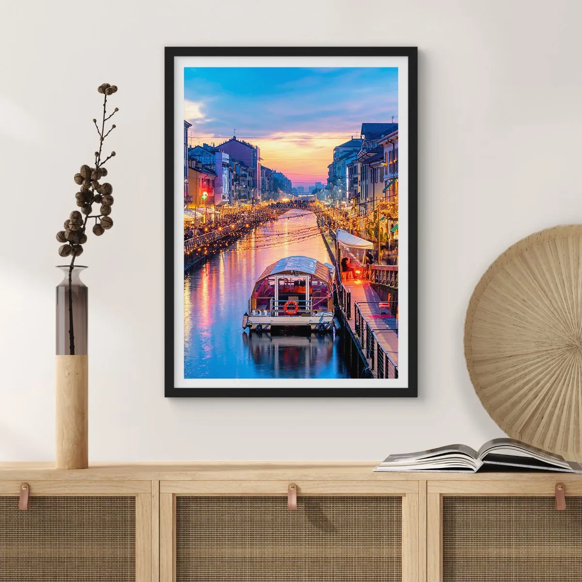 Poster in black frame - Canal with boat and evening lighting in a pastel sunset - 50x70cm - Evening of Light and Fun - Modern wall decoration for the living room and bedroom ARTTOR