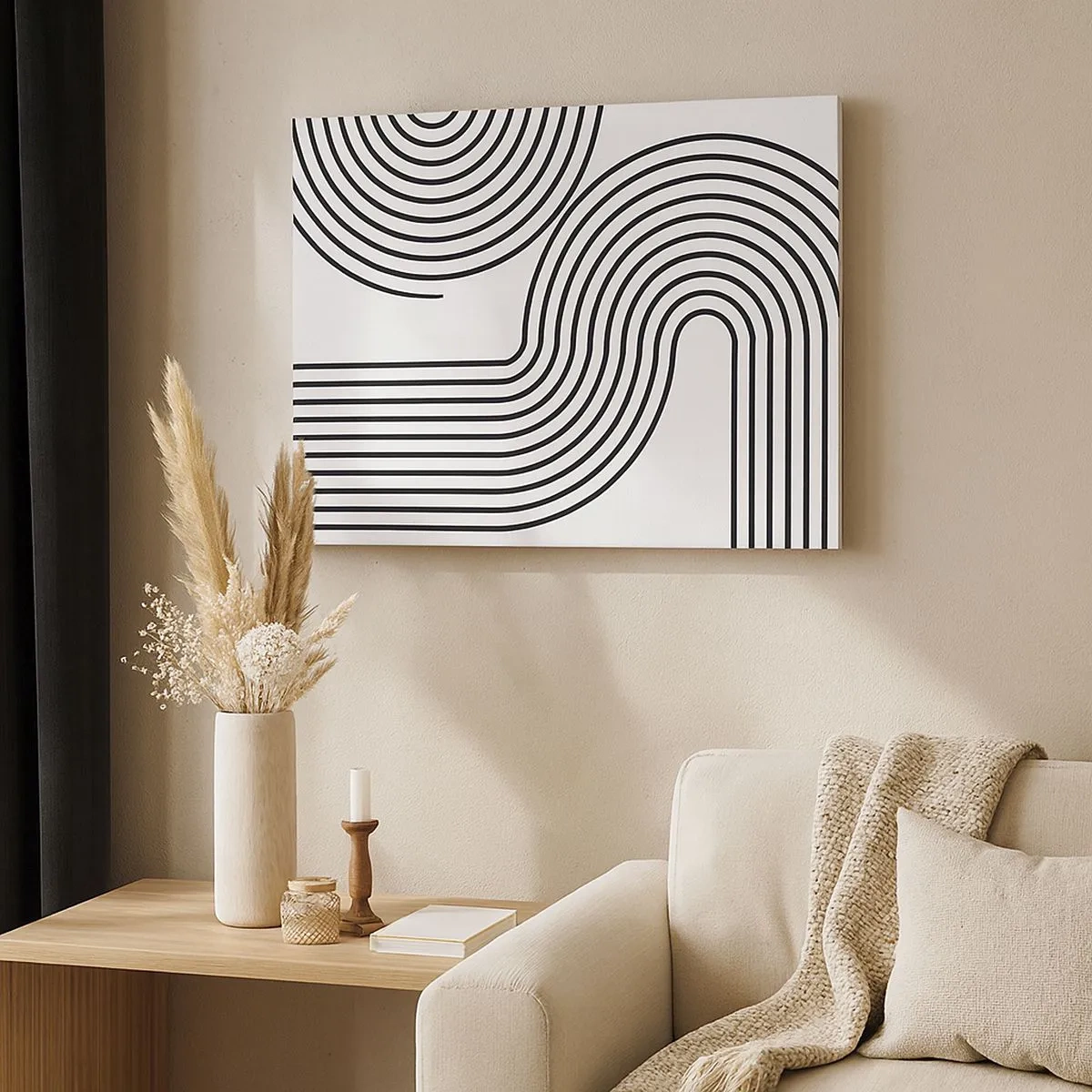 Canvas picture - An abstract painting with black lines creating geometric patterns on a white background. - 70x50cm - On the Curve - Modern wall decoration for the living room and bedroom ARTTOR