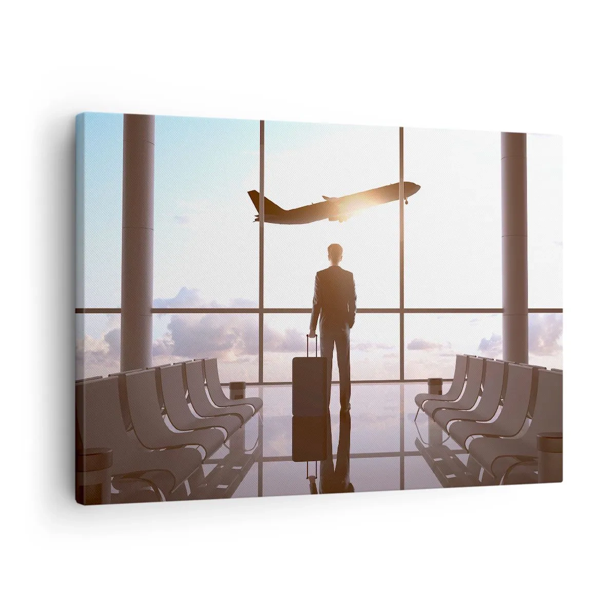 Canvas picture - Businessman at the airport with a plane in the background - 70x50cm - You Have Time, Slow Down - Modern wall decoration for the living room and bedroom ARTTOR