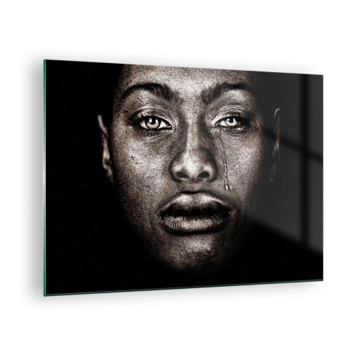 Glass picture - Emotional portrait of a woman with a tear on her cheek - 70x50cm - One Tear - Modern wall decoration for the living room and bedroom ARTTOR