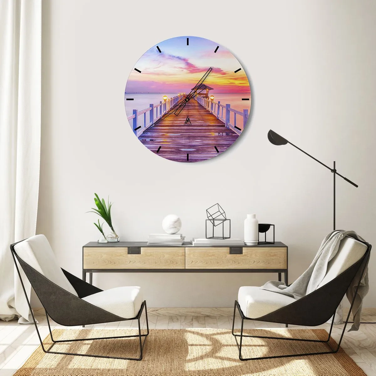 Wall clock - Clock on glass - Lilac and Gold Silence of an Evening - 40x40 cm