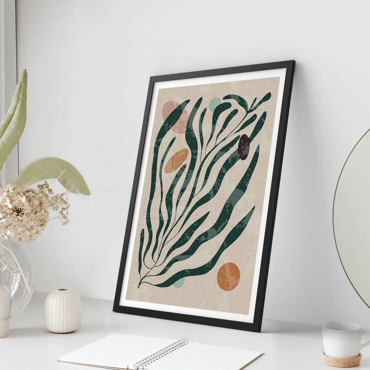 Poster in black frame - Abstract plant composition in green and beige - 50x70cm - Among the Green - Modern wall decoration for the living room and bedroom ARTTOR