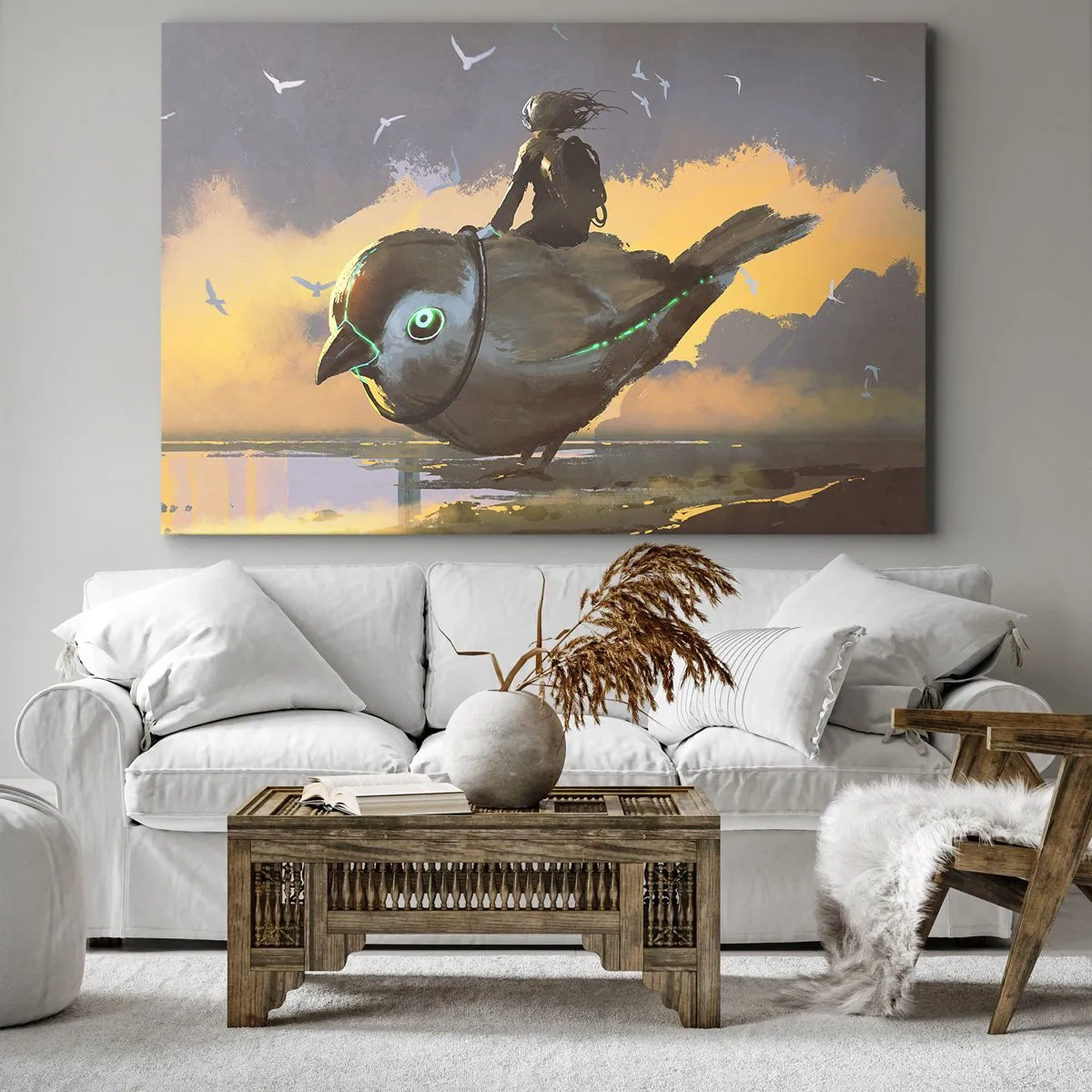 Canvas picture - Rider on a giant bird in a surreal landscape - 70x50cm - Stop on a Fantastic Journey - Modern wall decoration for the living room and bedroom ARTTOR