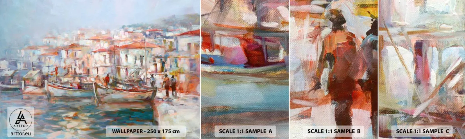 Photo Wallpaper Sample Standard Eco - Holidays in Pastel - Port town, Architecture, Fishing boat - 100x30 cm