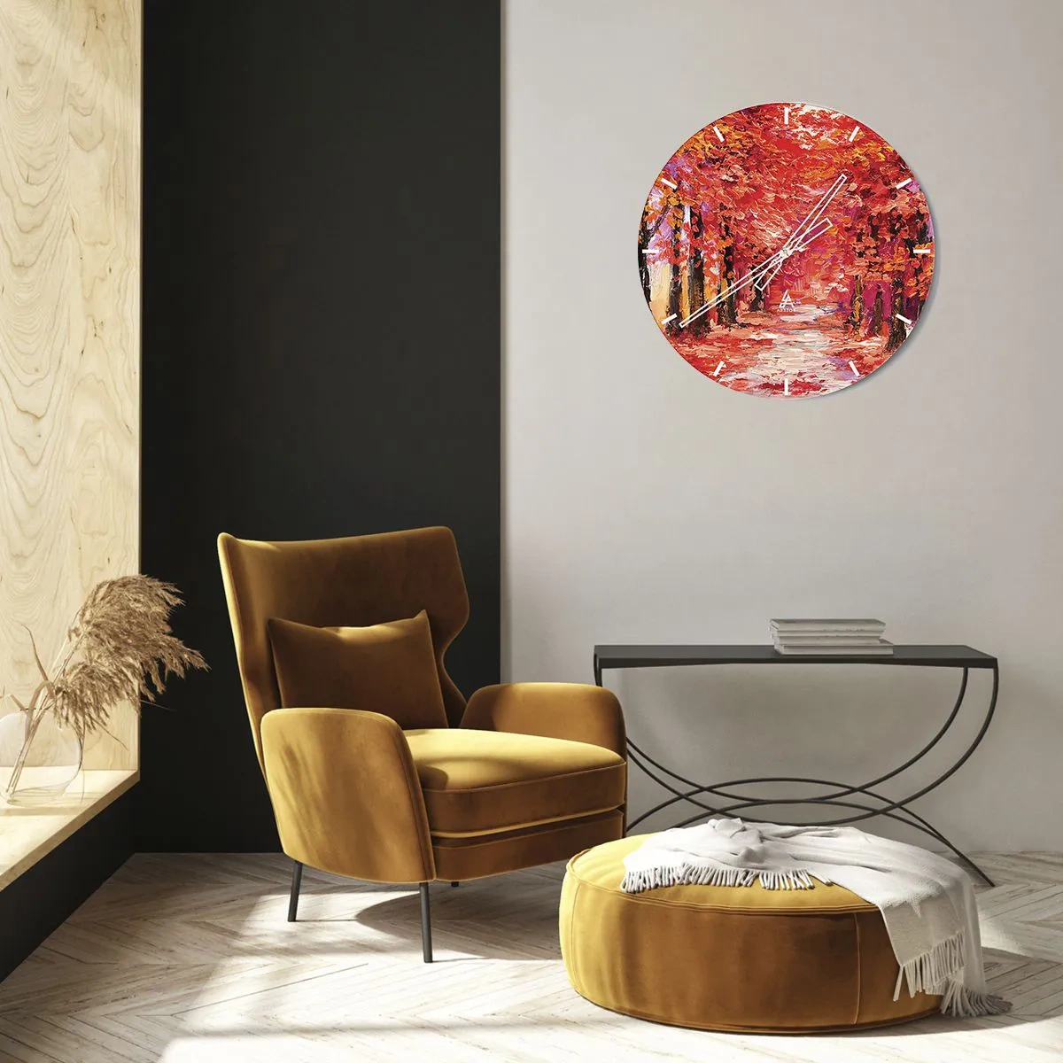 Wall clock - Clock on glass - An autumn alley in intense shades of red - 30x30cm - Autumnal Impression - Modern wall decoration for the living room, kitchen, and bedroom ARTTOR