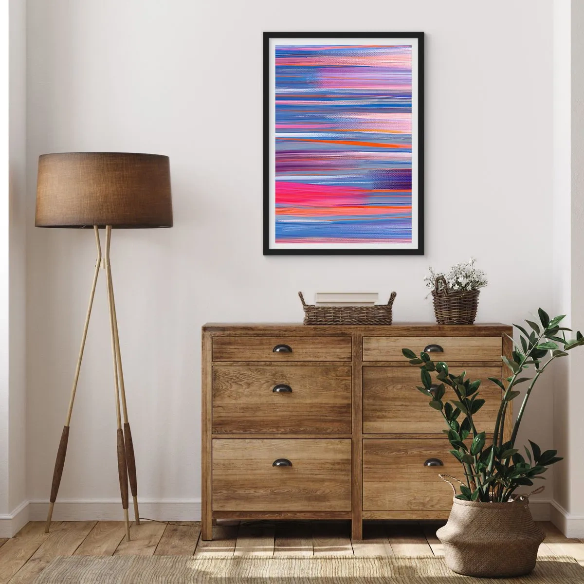 Poster in black frame - Abstract horizontal lines in shades of blue and pink - 50x70cm - Like a Rainbow - Modern wall decoration for the living room and bedroom ARTTOR