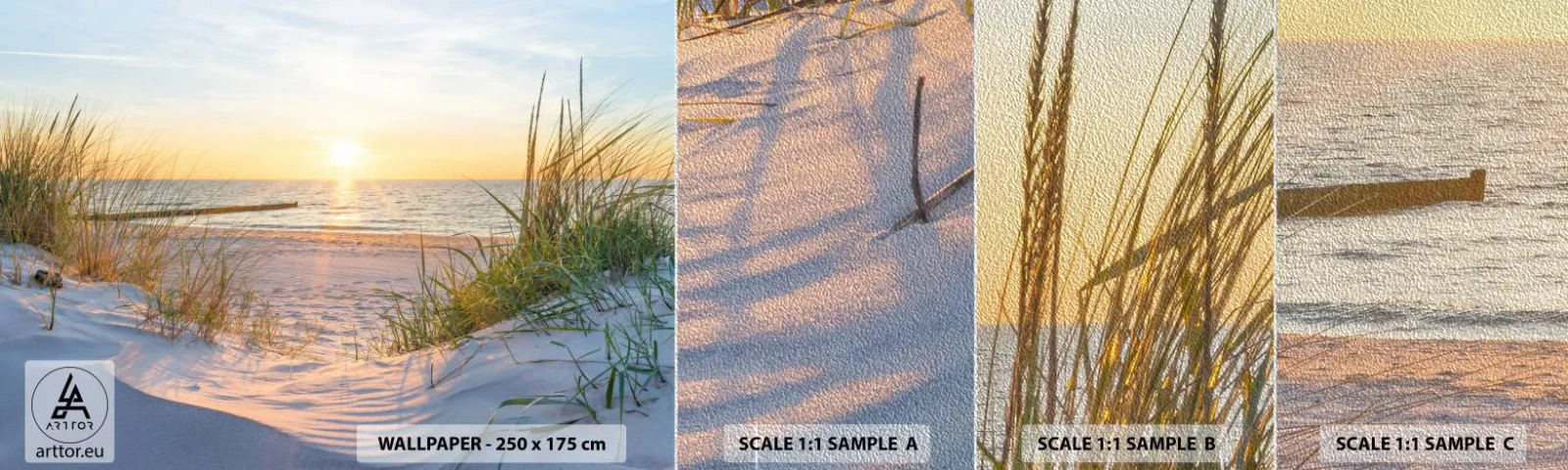 Photo Wallpaper Sample Premium Sand - Sound of the Sea, Singing of the Birds, Wild Beach among Grass - Landscape, Sea, Dunes - 100x30 cm